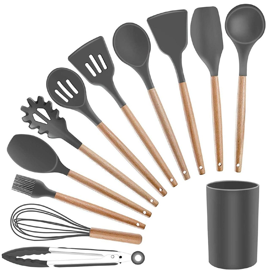 Silicone Wooden Spatula With Stand 11Pcs Set