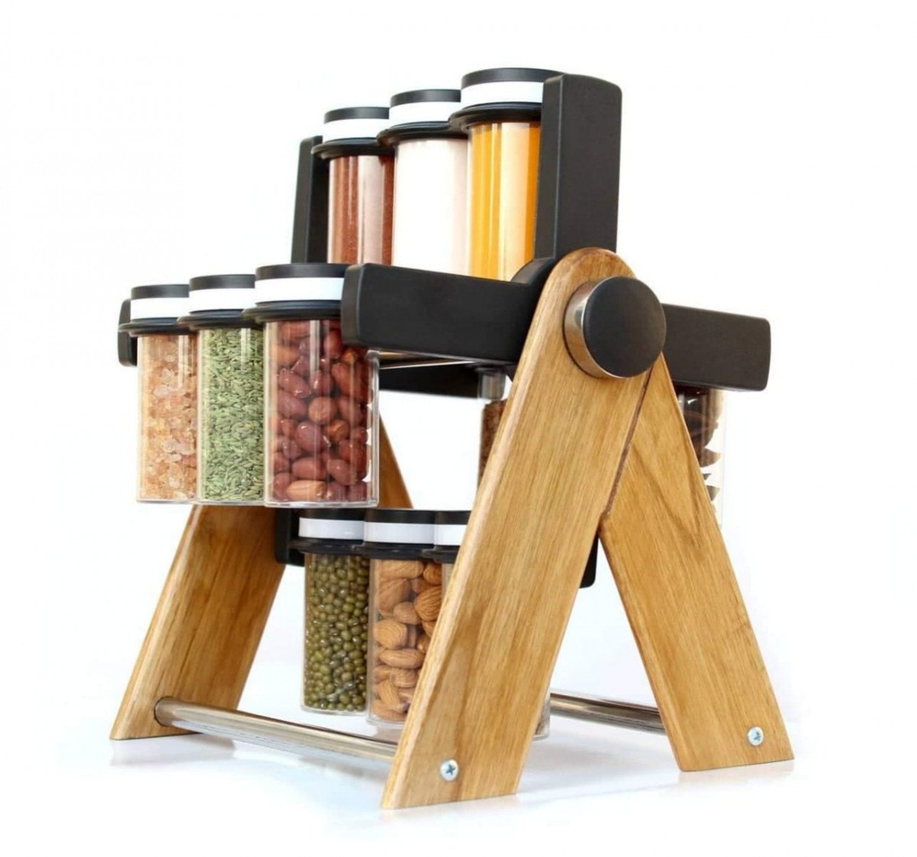 WOODEN WHEEL SPICE RACK 12 JAR